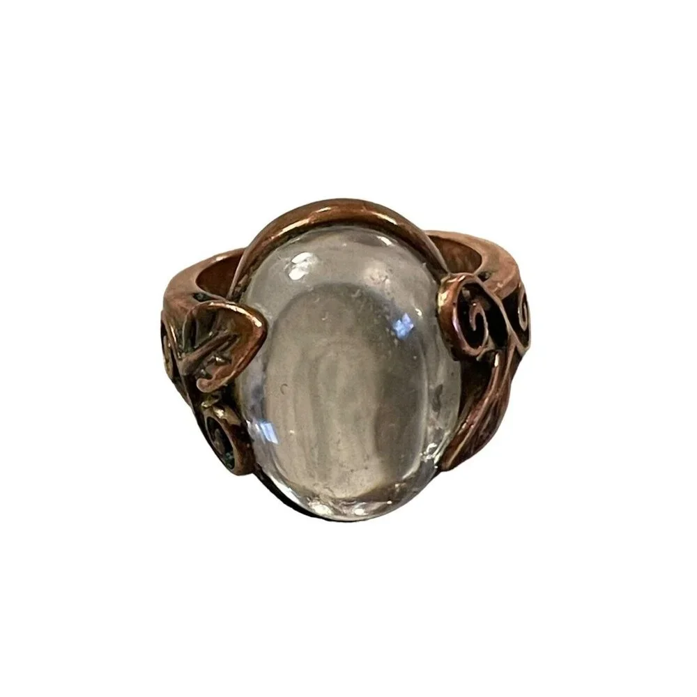 VTG Cabochon Clear Glass Filigree Floral Brass Ring Oval Gypsy Orb‎ MCM Size 7